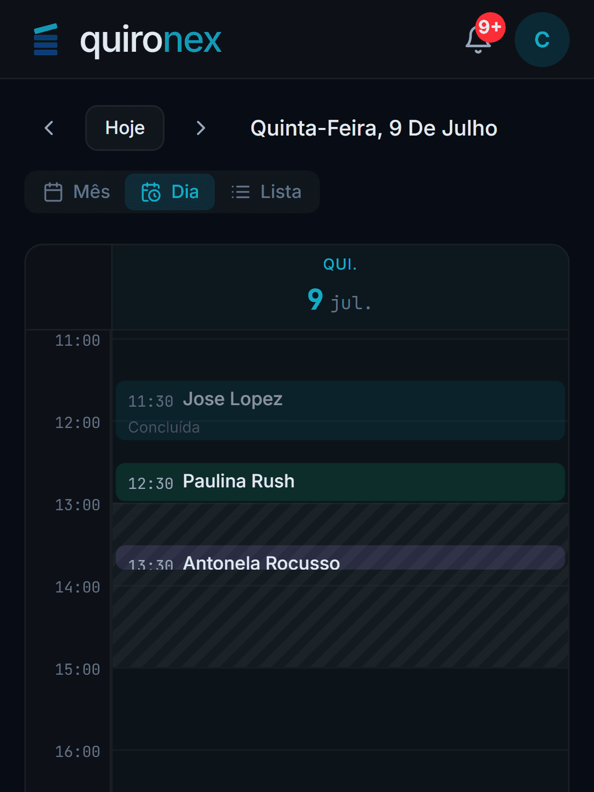 Agenda do dia da Quironex no celular, em português