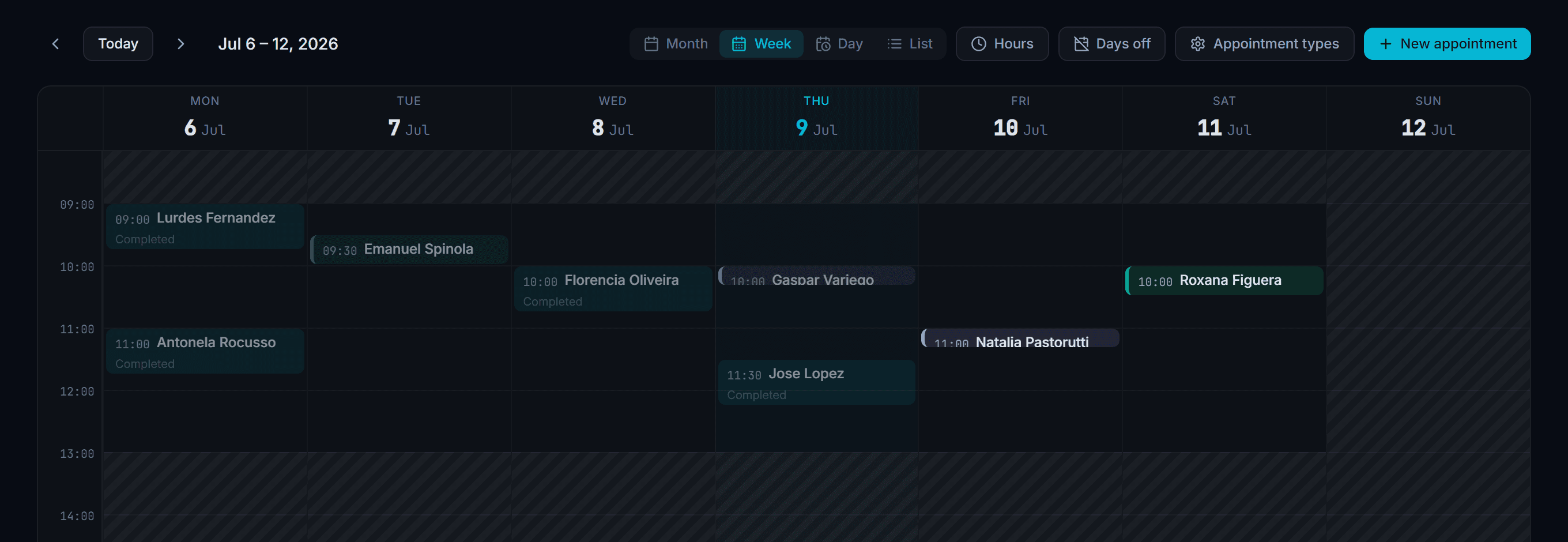 Real Quironex weekly schedule in English